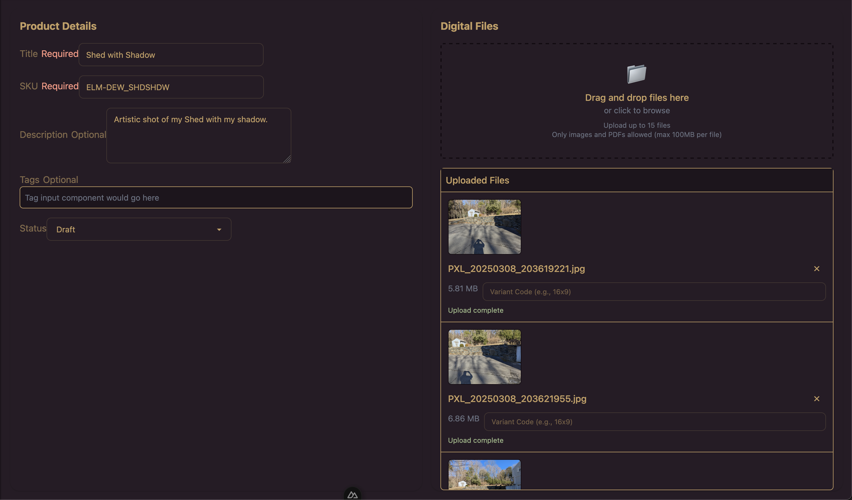 Screenshot of Page to add a new Product
